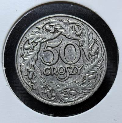 外国优质银币克朗币纪念章，每周六晚九点倒数截拍，满百包邮可寄存，持续收拍 - 波兰第二共和国1923年50格罗希，币面铸波兰白鹰国徽，是一战后波兰复国初期的流通辅币，见证了波兰重建主权、稳定货币体系的历史。