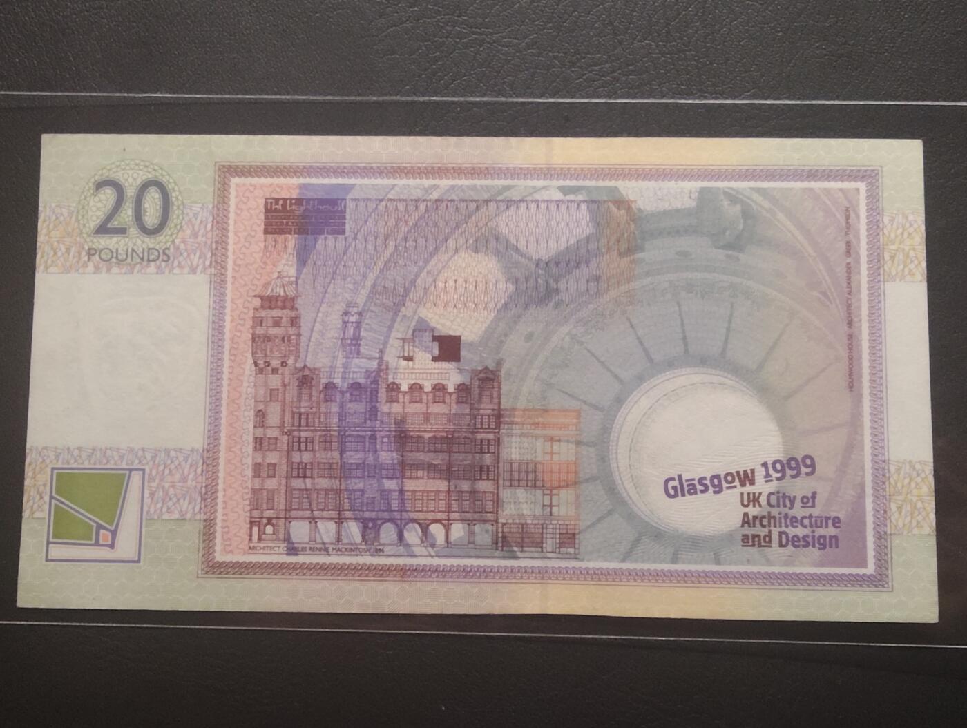 2026四月第一期，总222期 苏格兰克莱斯戴勒银行1999年格拉斯哥荣获英国城市规划设计奖20镑纪念钞UNC微潮，亚历山大.汤姆森和他的故居，少见品种