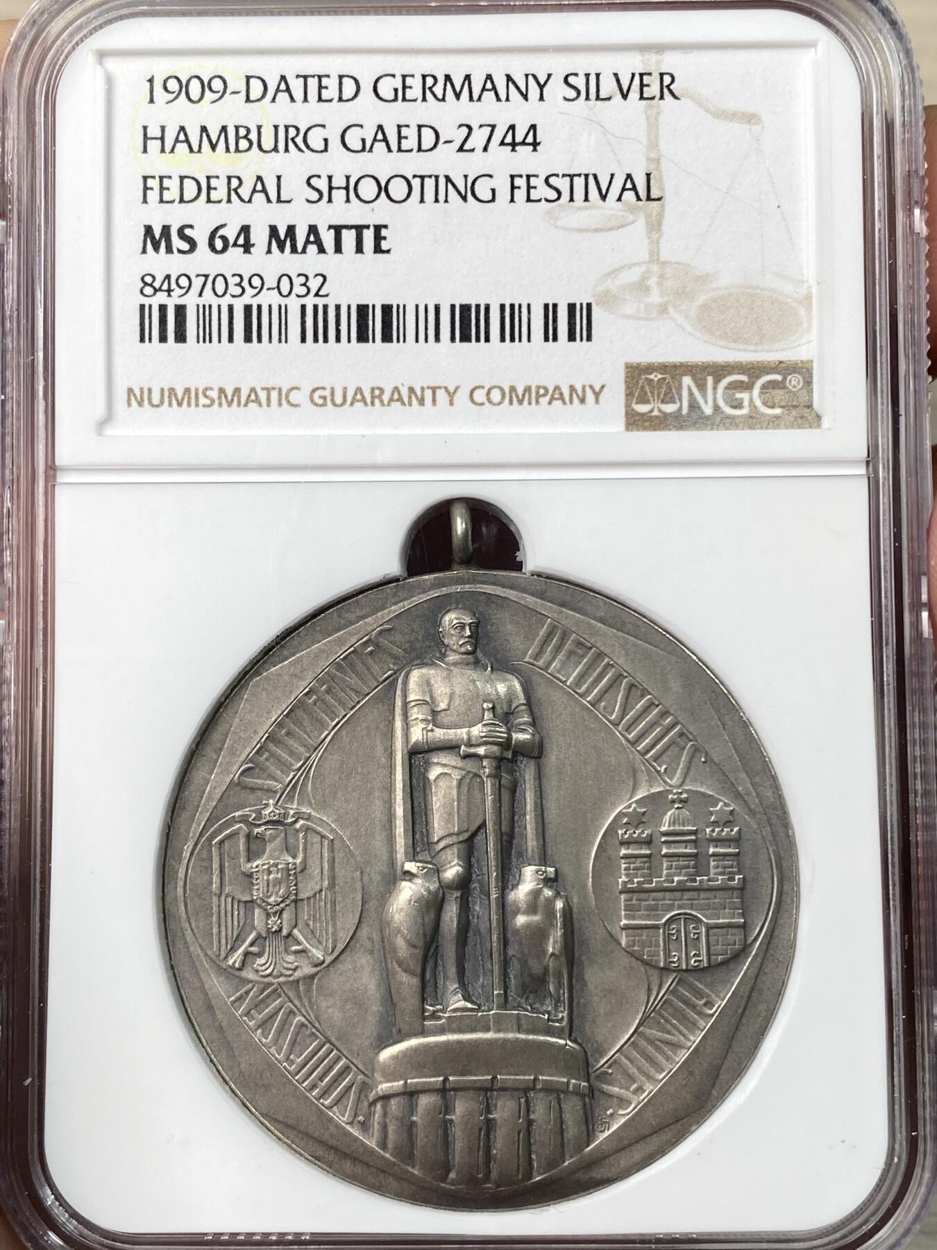 万国钱币拍卖第064期 NGC MS64 1909年德国汉堡射击节俾斯麦纪念大银章 原铸吊环高浮雕 原味MATTE质感 高分难得的收藏级