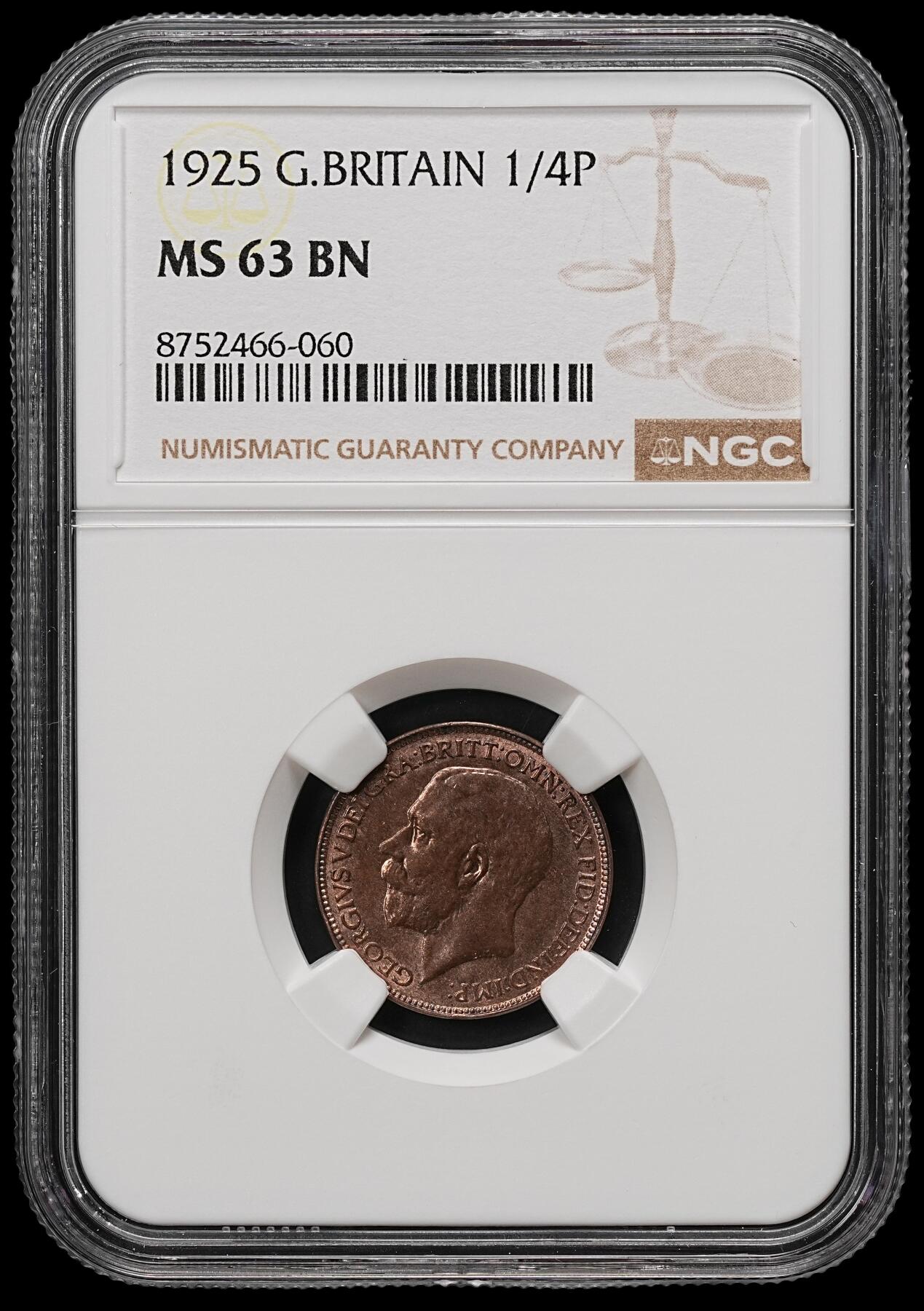 修遠堂世界钱币第110期 NGC MS63BN  1925年英国1法新铜币