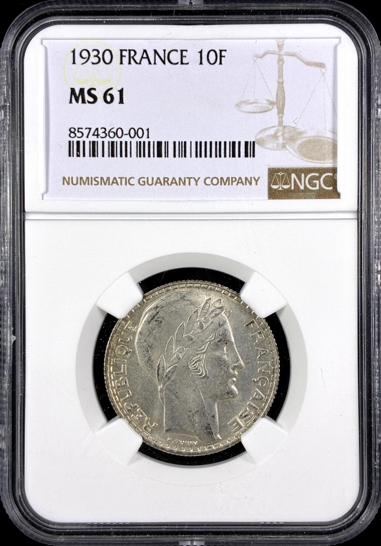 【雨安】【直播拍卖】【第0131期-评级币章】2026-04-04 周六 19:30 (金价1060, 银价18.08)  [评级法国] France 法国 10法郎 KM#0878 桂冠女神  [10.00 g.,  0.680 Silver] 1930年  NGC-MS61