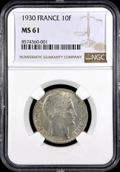 【雨安】【直播拍卖】【第0131期-评级币章】2026-04-04 周六 19:30 (金价1060, 银价18.08)  - [评级法国] France 法国 10法郎 KM#0878 桂冠女神  [10.00 g.,  0.680 Silver] 1930年  NGC-MS61