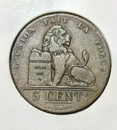 外国优质银币克朗币纪念章，每周六晚九点倒数截拍，满百包邮可寄存，持续收拍 - 稀少比利时利奥波德一世1831 年5 分铜币，正面为国王花押与皇冠，背面是比利时立狮与宪法碑，是比利时独立建国后首套流通币，见证了其民族国家的诞生