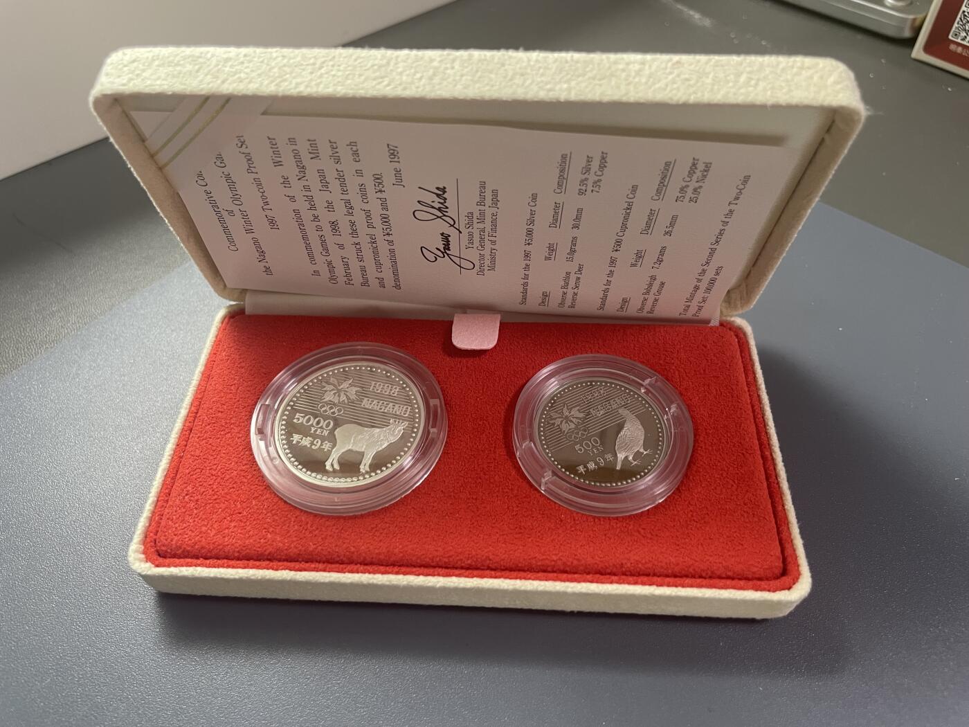 回流0406 长野奥林匹克冬季竞技大会纪念货币 平成9年（1997年）版 2枚精制币（proof）原盒套装