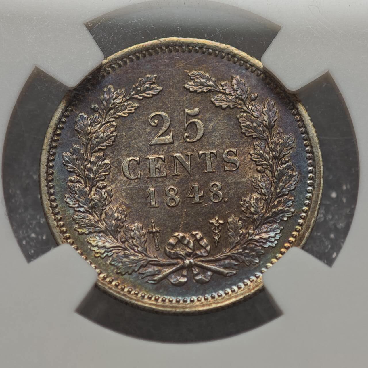  【淘币小摊】限时拍第八百九十二拍   教皇国塞舌尔加纳危地马拉场    每周一统一发货 荷兰1848年25分银币包浆美品 NGC AUD