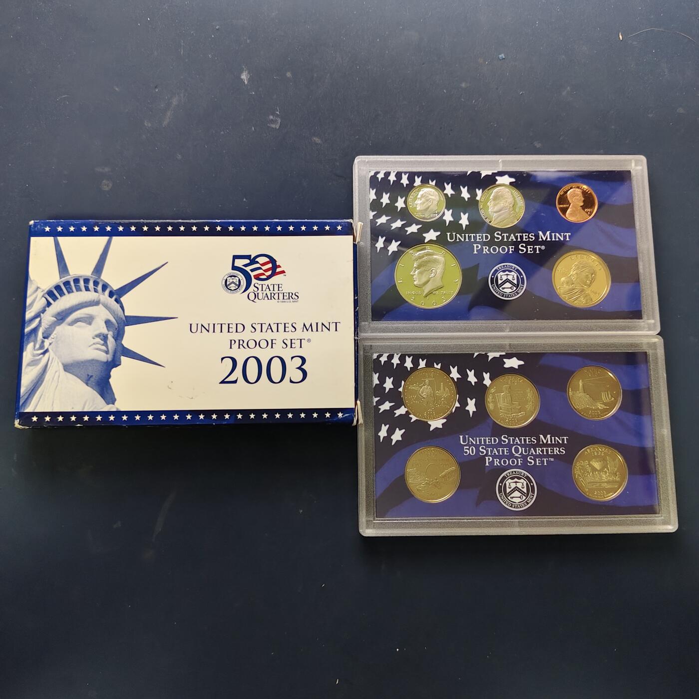 【全场包邮】纯粹捡漏拍519场 美国2003年官方封装精制套币（流通币一盒+州币一盒）-原盒无证书