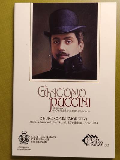 布加迪🐬～世界钱币(上海)🌾第 286 期 /  各国套币和散币 - 圣马力诺🇸🇲 2014年 2欧元纪念币～音乐家普契尼逝世99周年