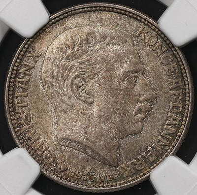 修遠堂世界钱币第110期 - NGC MS62 1915年丹麦海豚1克朗银币，重包浆