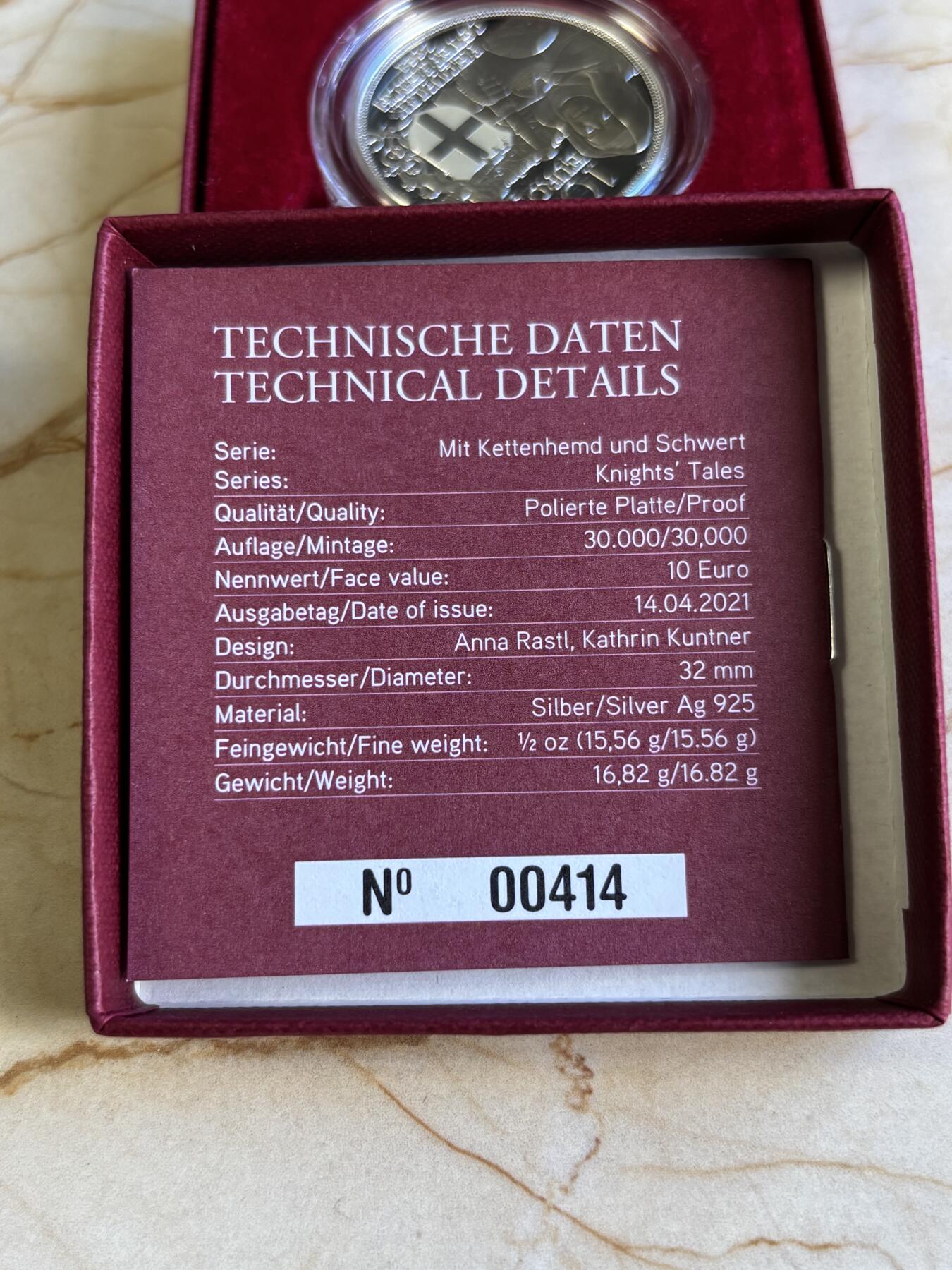 第196期拍卖 奥地利2021年骑士传说系列5兄弟友情精制纪念银币，925银，16.82克，发行30000枚