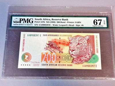 【Blue Auction】世界纸币精拍第804期——18级TOP拍卖/信誉/品质/专业/高效💫 - 【AAE首发冠 p127b】南非 1999年200兰特 豹子  PMG67EPQ 
