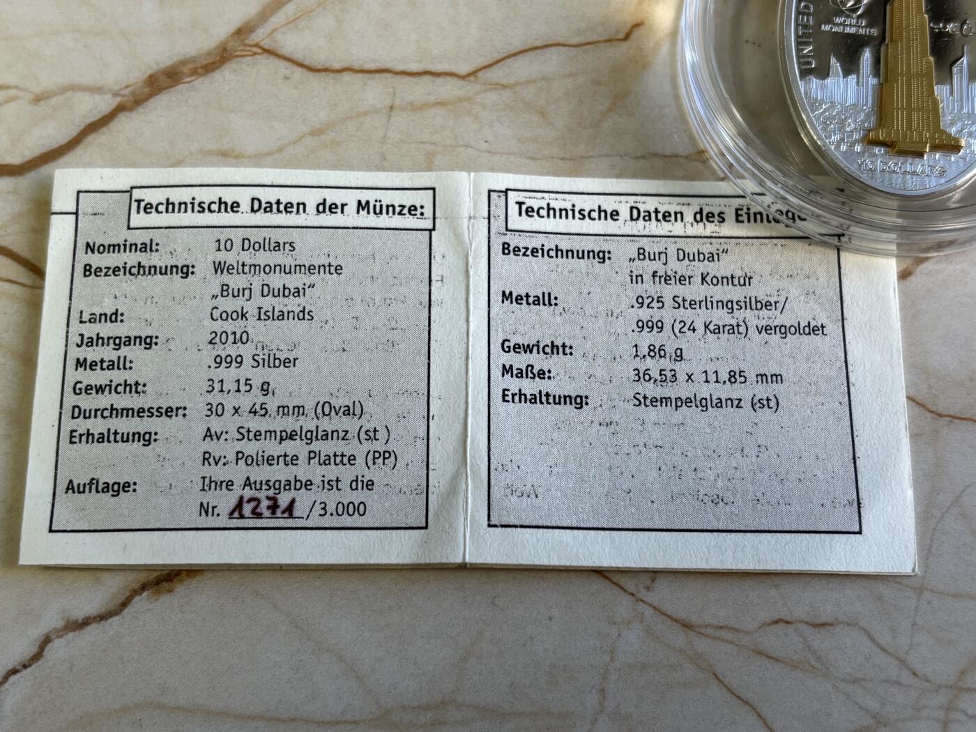 第196期拍卖 库克2010年世界奇观系列迪拜塔镀金立体1盎司纪念银币，999银镀金，发行3000枚