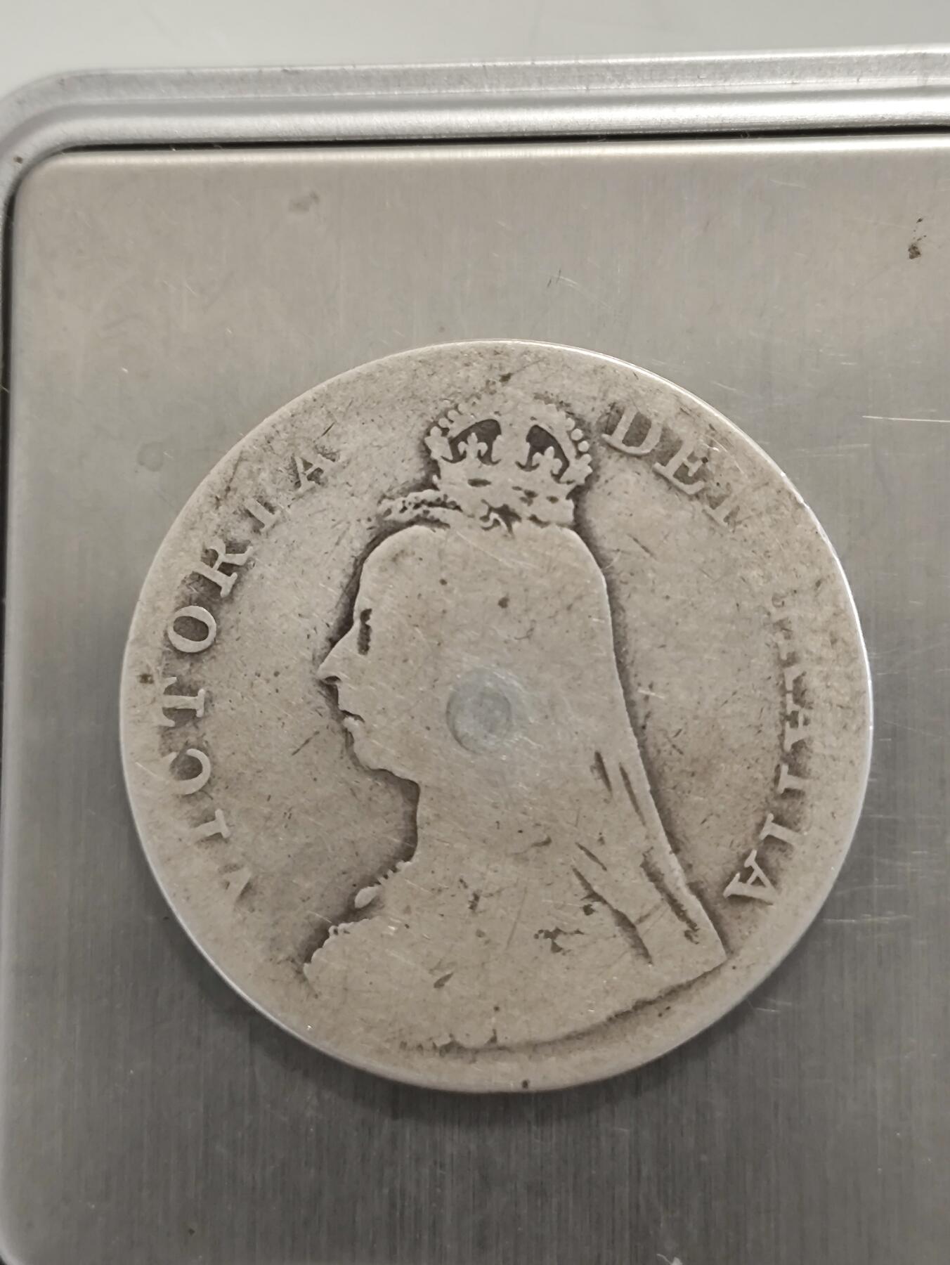 英国银币，1889年，维多利亚高冠像，大不列颠联合王国，双弗洛林银币