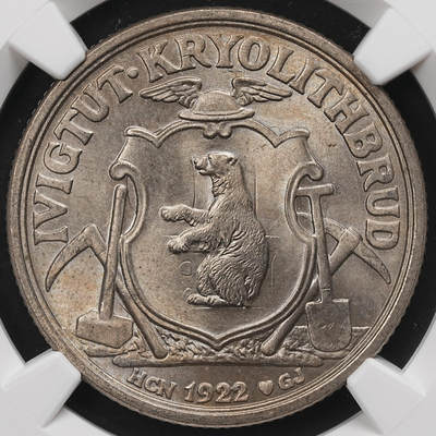 修遠堂世界钱币第110期 - NGC MS64 格陵兰伊维格图特冰晶石矿业公司10克朗代用币