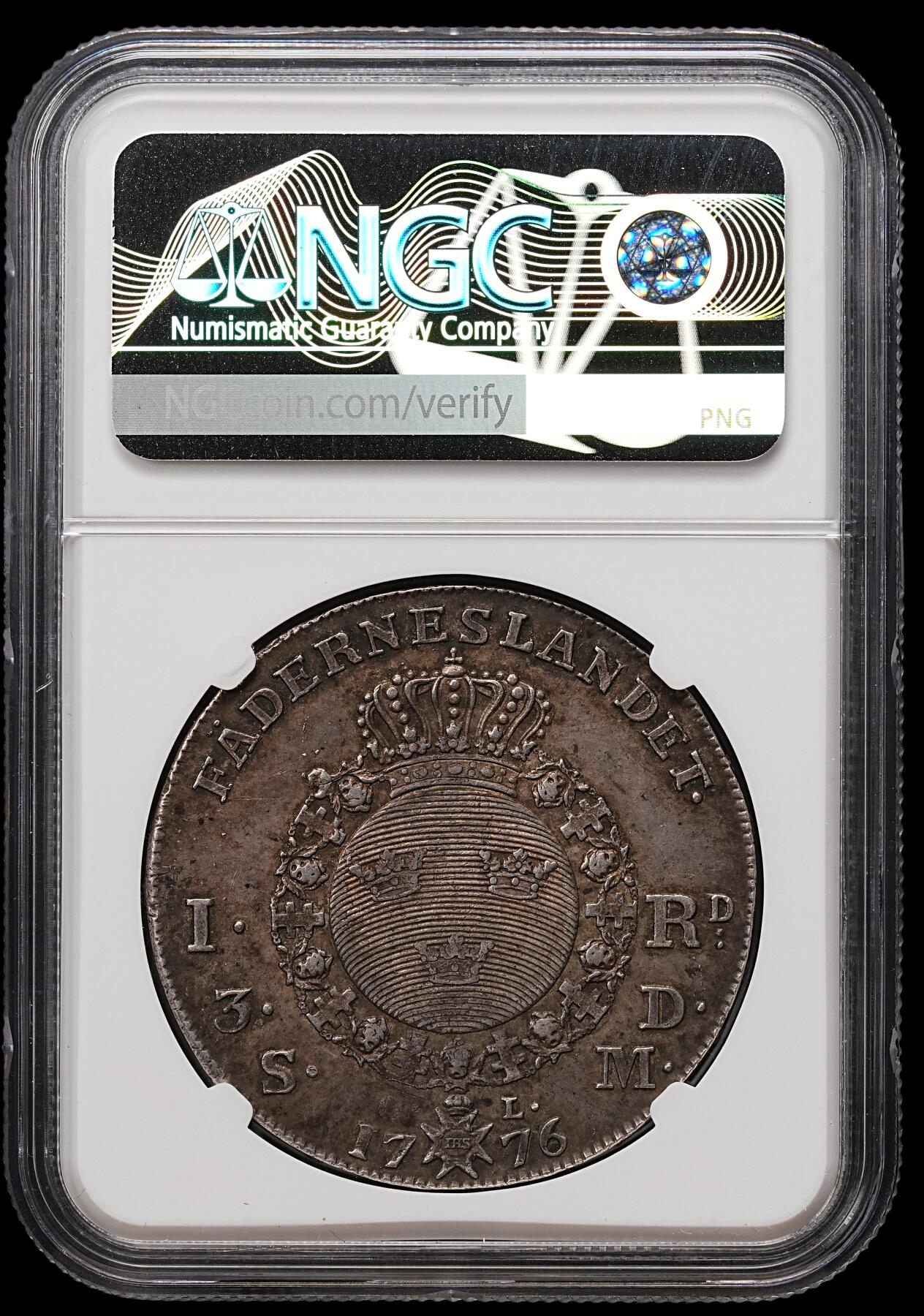 修遠堂世界钱币第110期 NGC AU53 瑞典1776年古斯塔夫三世1达勒大银币-小十字版