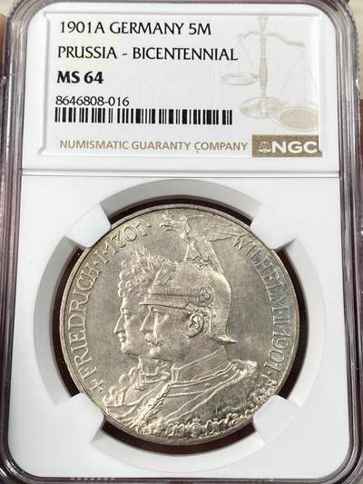 万国钱币拍卖第064期 - NGC MS64 1901年德国威廉二世纪念普鲁士建国200周年长翅5马克 帝国马克最广为流通的系列之一 原味银霜黄油转光收藏级