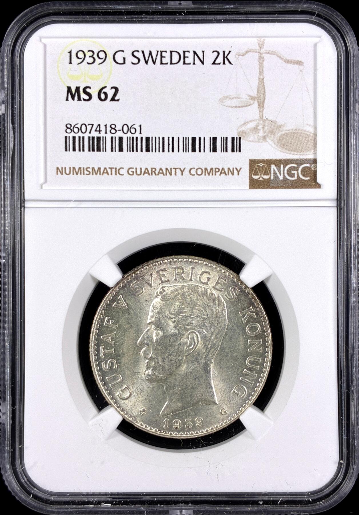 【雨安】【直播拍卖】【第0131期-评级币章】2026-04-04 周六 19:30 (金价1060, 银价18.08)  [评级欧洲] Sweden 瑞典 2克朗 1939年 古斯塔夫五世  NGC-MS62