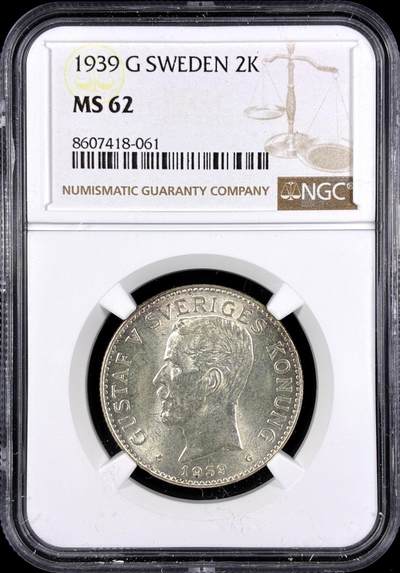 【雨安】【直播拍卖】【第0131期-评级币章】2026-04-04 周六 19:30 (金价1060, 银价18.08)  - [评级欧洲] Sweden 瑞典 2克朗 1939年 古斯塔夫五世  NGC-MS62