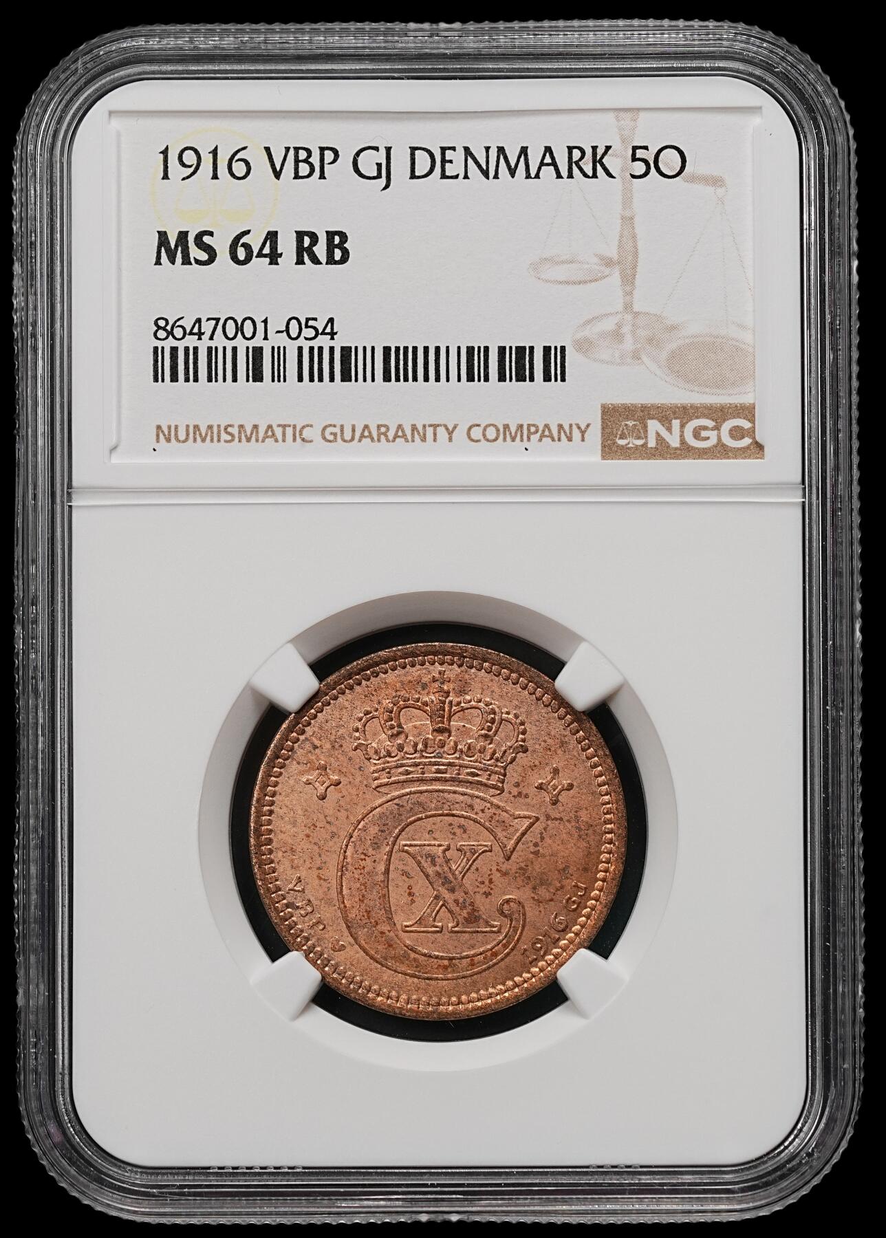 修遠堂世界钱币第110期 NGC MS64RB 1916年丹麦5欧尔铜币 较少见年份 铸造量只有80多万枚