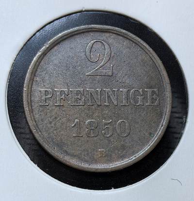 外国优质银币克朗币纪念章，每周六晚九点倒数截拍，满百包邮可寄存，持续收拍 - 汉诺威王国1850 年恩斯特・奥古斯特一世2芬尼，正面饰有国王花押字与皇冠。它是德意志统一前邦国体系的小额流通辅币，见证了 19 世纪中期德意志地区的货币文化与历史变迁。
