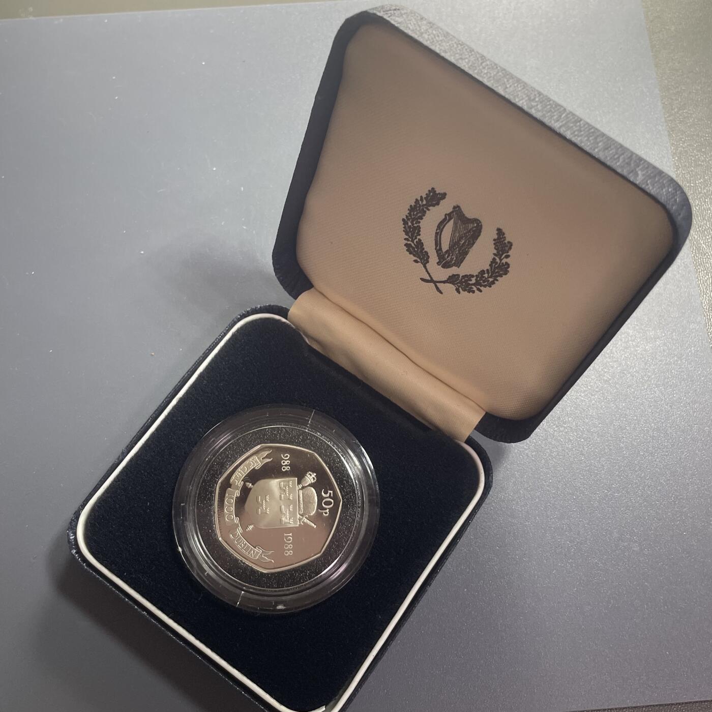 回流0406 原盒爱尔兰1988年都柏林建城1000周年50便士proof精制纪念币 发行量5万枚