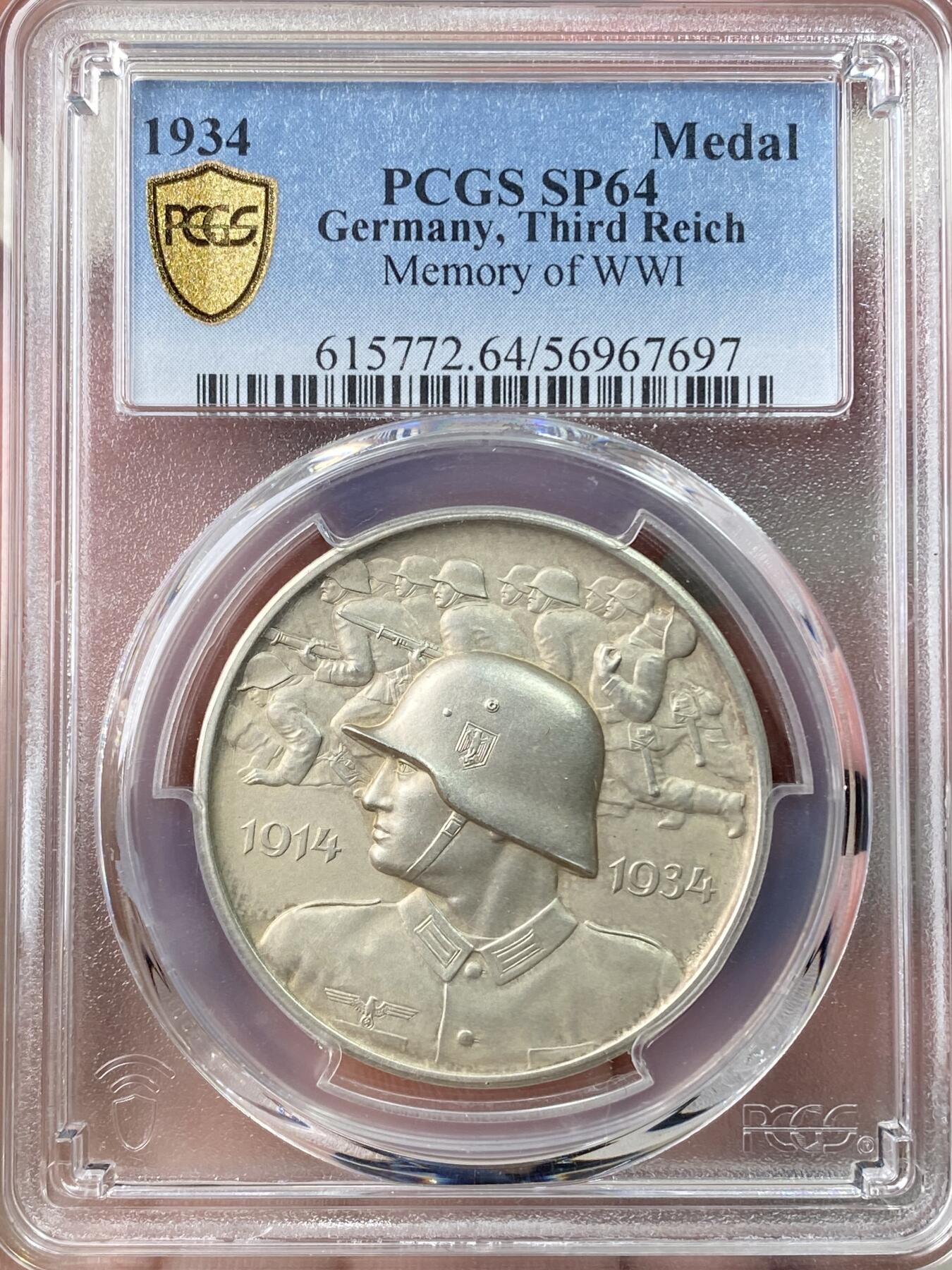 万国钱币拍卖第064期 PCGS SP64 1934年德国民族社会主义工人党党魁正式发布全国总动员征兵银章 德国本土也难寻的罕见高难品种 1934年极其稀少 仅有1935的1/10左右 PC亚军分更高分仅一枚 原味天鹅绒淡彩 元首亲笔签名
