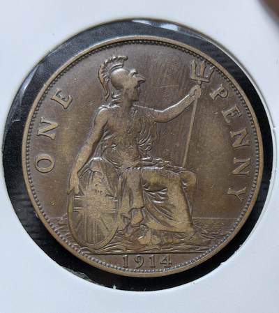 外国优质银币克朗币纪念章，每周六晚九点倒数截拍，满百包邮可寄存，持续收拍 - 英国乔治五世1914年1便士铜币，正面为英王乔治五世像，背面是不列颠女神坐像，是爱德华时代末、一战前夕英国的经典流通辅币。