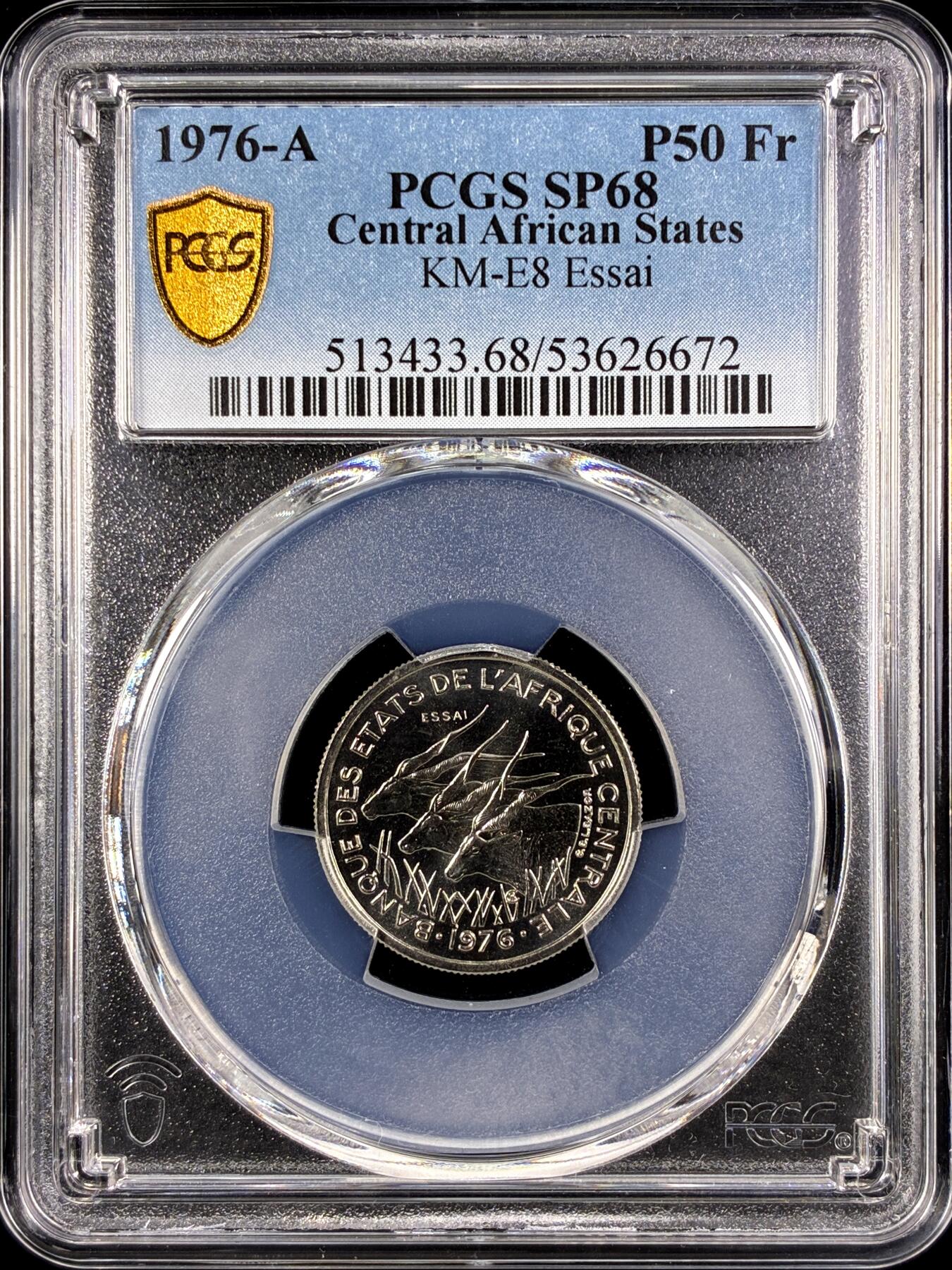【雨安】【直播拍卖】【第0131期-评级币章】2026-04-04 周六 19:30 (金价1060, 银价18.08)  [评级样币] Central African States 中非共和国 样币 50法郎 1976年 PCGS-SP68