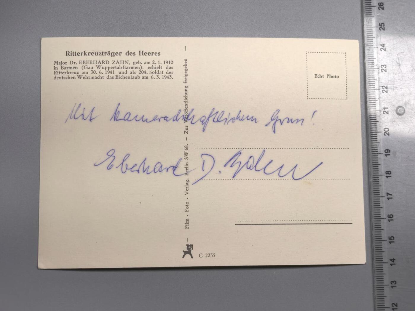 小驴勋章奖章收藏4月4日周六晚六点拍卖（珍爱和平，收藏战争，铭记历史，勿忘国耻，忠党爱国。有偿代拍，送拍规则在简介最后，参拍须阅读规则后再参拍，关系到运费包装发货时效真假辨别等关键信息，拍卖时不再发原图，看大图店主微信码在拍卖店铺介绍里） 橡叶饰百岁博士Dr. Eberhard Zahn电影照片出版社战时明信片战后正反双亲签