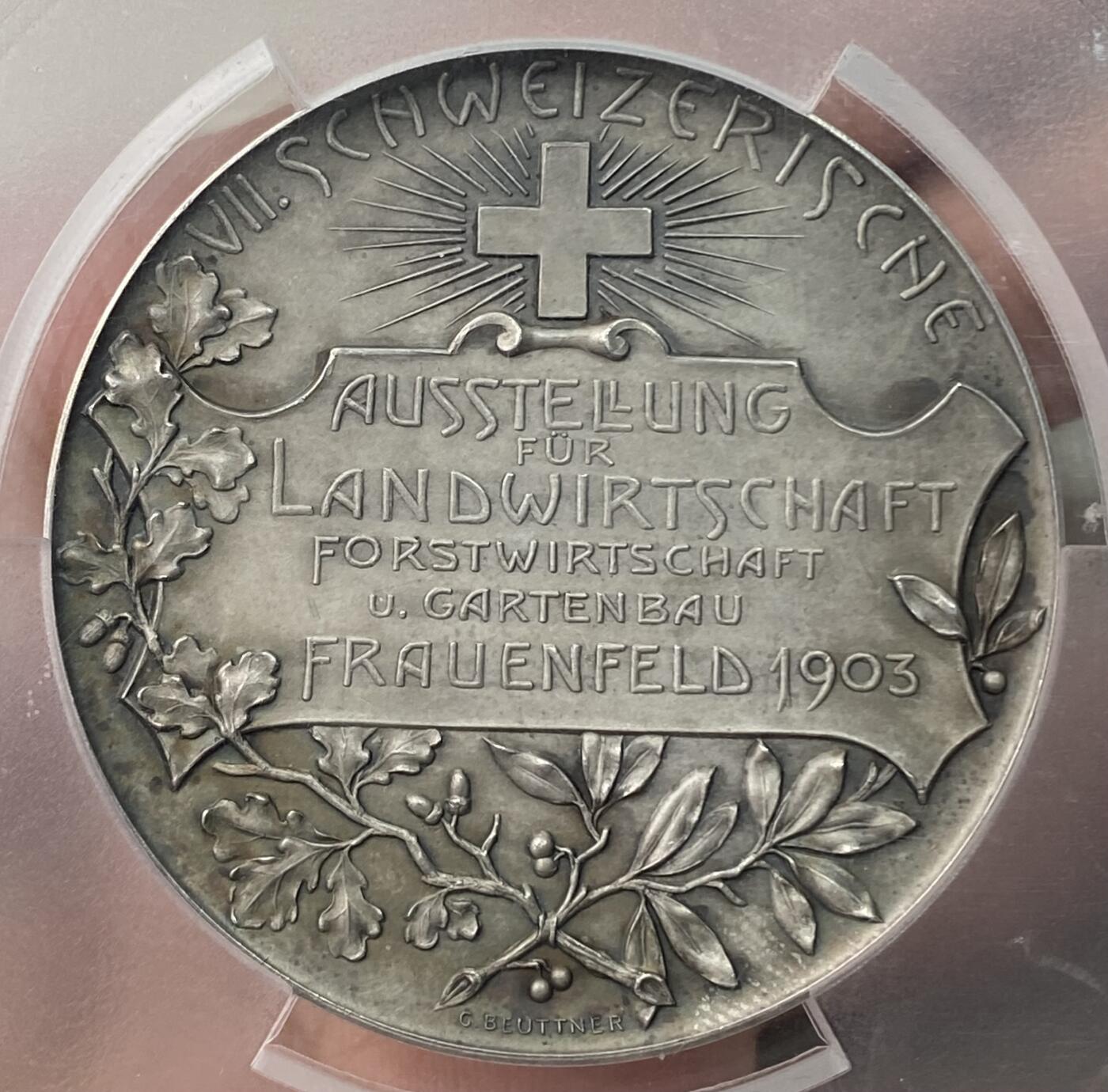 万国钱币拍卖第064期 PCGS SP64 1903年瑞士农业、林业和园艺博览会纪念大银章 罕见瑞士女神花冠侧像 设计饱满精美大规格