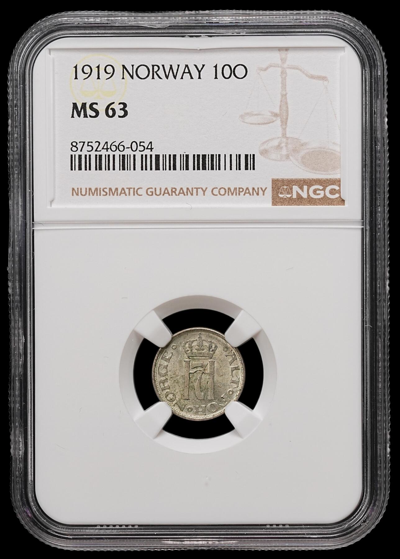 修遠堂世界钱币第110期 NGC MS63 1919年挪威10欧尔银币