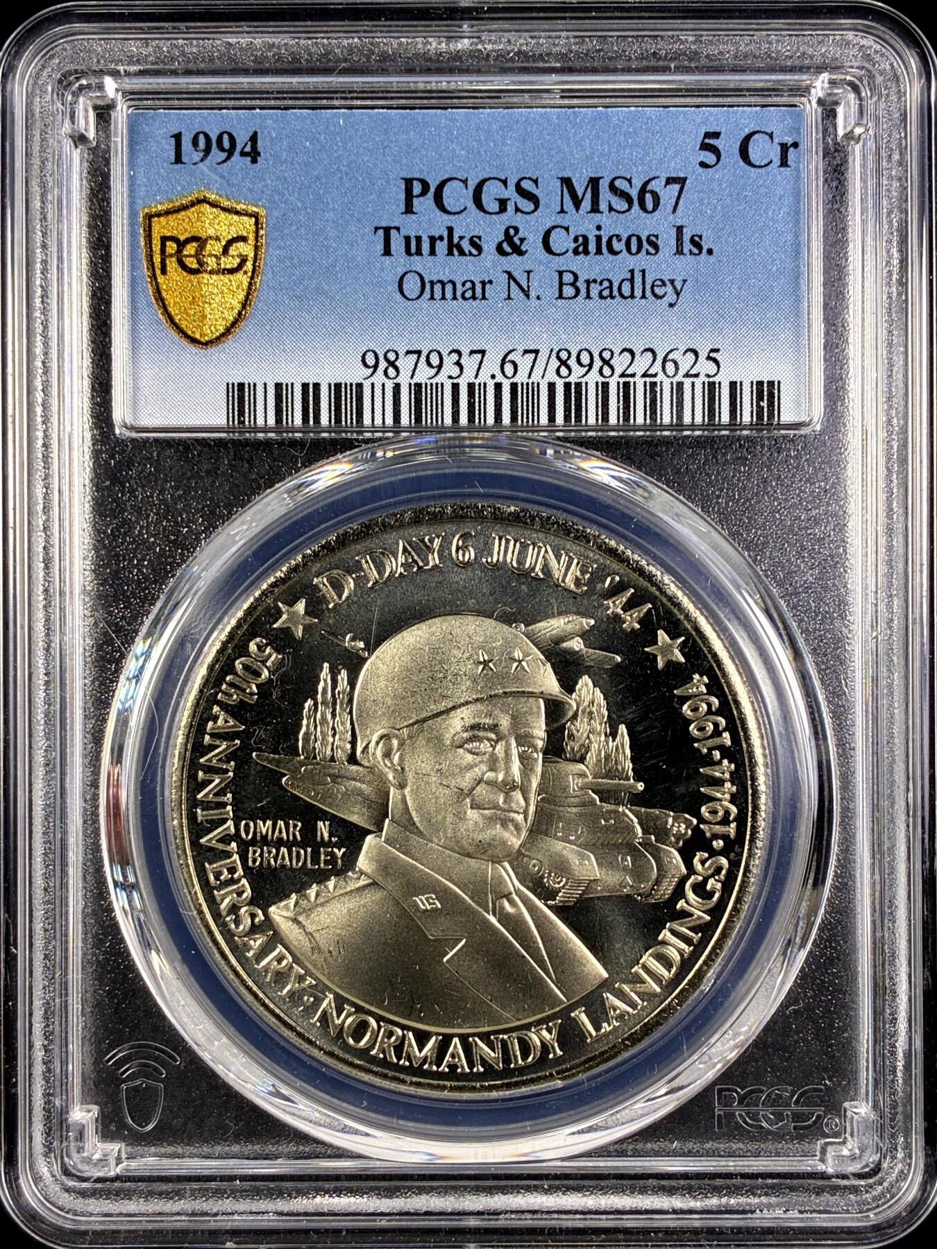 【雨安】【直播拍卖】【第0131期-评级币章】2026-04-04 周六 19:30 (金价1060, 银价18.08)  [评级现代] Turks and Caicos Islands 特克斯和凯科斯群岛 5克朗 1994年 美国五星上将奥马尔·布拉德利  PCGS-MS67