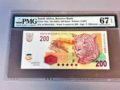 【Blue Auction】世界纸币精拍第804期——18级TOP拍卖/信誉/品质/专业/高效💫 - 【无47 p132a】南非 2005年200兰特 豹子  PMG67EPQ 