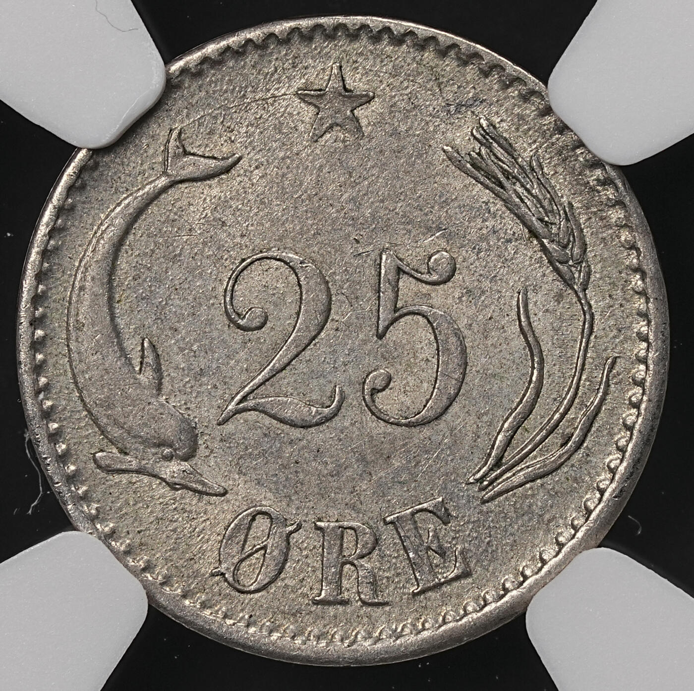 修遠堂世界钱币第110期 NGC MS62 1874年丹麦海豚25欧尔银币，首年份，充分流通品种，MS稀见