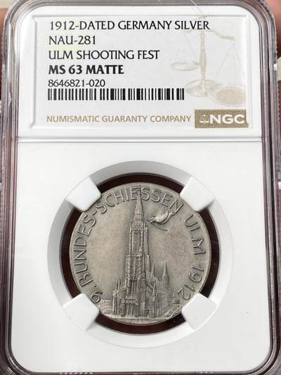 万国钱币拍卖第064期 - NGC MS63 1912年德国符腾堡-乌尔姆射击节银章 小城市罕见品种 全世界最高乌尔姆大教堂精雕细琢在方寸之间 帝国鹰在城市盾徽之上极具视觉冲击 罕见品种MATTE工艺
