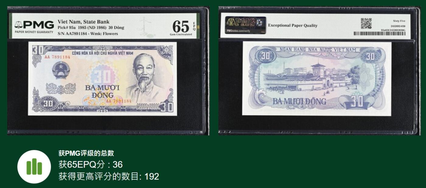 2026第6场（总第233期）：精品外钞、塑料钞靓号场  首发AA冠 越南1985年版30盾（PMG65）