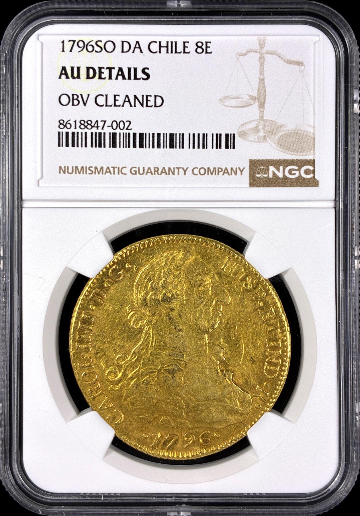 【雨安】【直播拍卖】【第0131期-评级币章】2026-04-04 周六 19:30 (金价1060, 银价18.08)  [评级金铂] Chile [金币] 西属智利 卡洛斯四世 8埃斯库多 1796年  NGC-AU