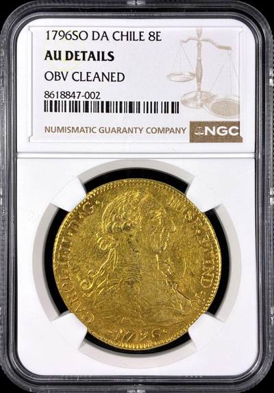 【雨安】【直播拍卖】【第0131期-评级币章】2026-04-04 周六 19:30 (金价1060, 银价18.08)  - [评级金铂] Chile [金币] 西属智利 卡洛斯四世 8埃斯库多 1796年  NGC-AU