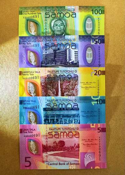 【Blue Auction】世界纸币精拍第804期——18级TOP拍卖/信誉/品质/专业/高效💫 - 【一组5张首发冠 691全同倒置小号】萨摩亚 新版5-100塔拉 全新UNC