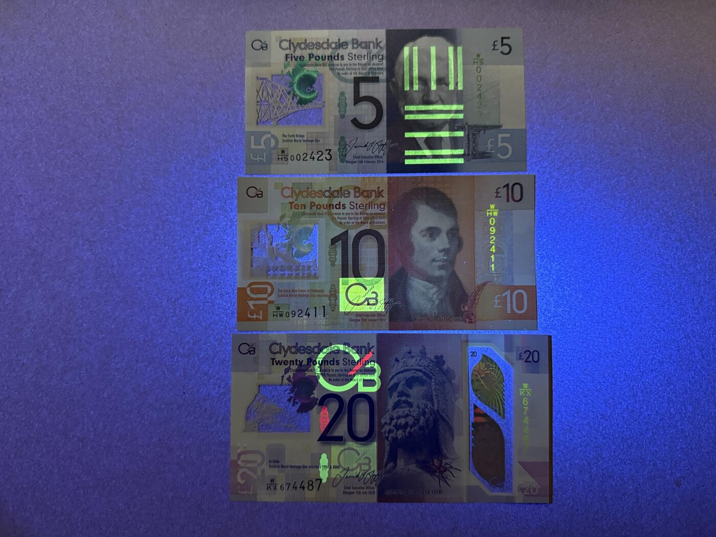 《愛美收藏》第239期-4.5周日外币黄金场  苏格兰5、10、20镑3张 UNC 克莱斯戴尔银行塑料钞
