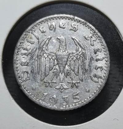 外国优质银币克朗币纪念章，每周六晚九点倒数截拍，满百包邮可寄存，持续收拍 - 德意志第三帝国1935年50 芬尼镍币，A 厂标代表柏林造币厂，正面为带鹰徽，是二战前德国法定流通辅币，见证了德国的货币体系。