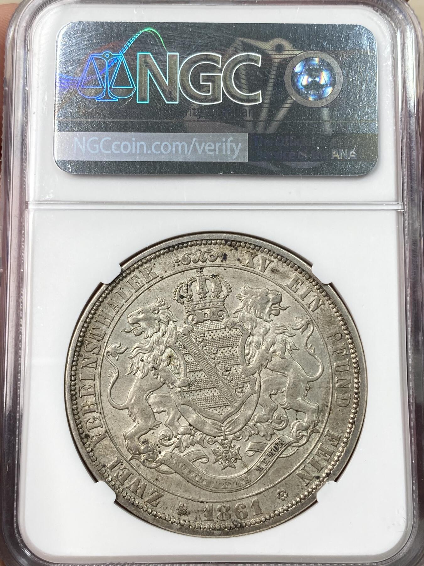 万国钱币拍卖第064期 NGC AU58 1861年德国萨克森双狮纹章流通2泰勒 仅单年发行的流通2t品种 好品异常稀少 原味淡彩转光依旧状态极赞