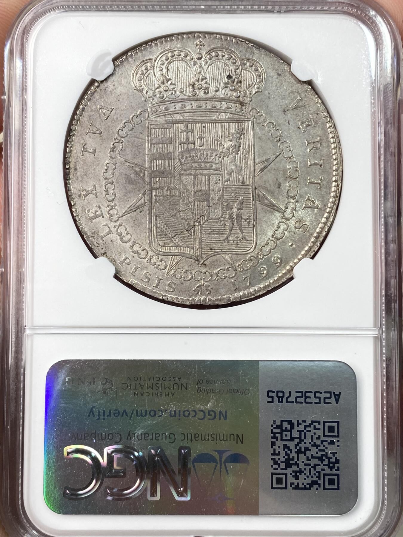 万国钱币拍卖第064期 NGC MS62 1799年意大利托斯卡纳大公国费迪南三世10Paoli大银币 比萨厂铸造 正面为时任托斯卡纳大公的斐迪南三世肖像 下方是一头灵动的独角兽 背面为繁复精美托斯卡纳盾徽 十字转光底板欧陆淡彩环绕 极其舒适的原始收藏级状态
