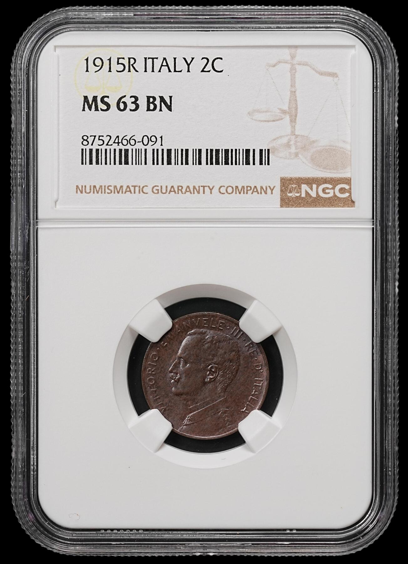 修遠堂世界钱币第110期 NGC MS63BN 1915年意大利2分铜币