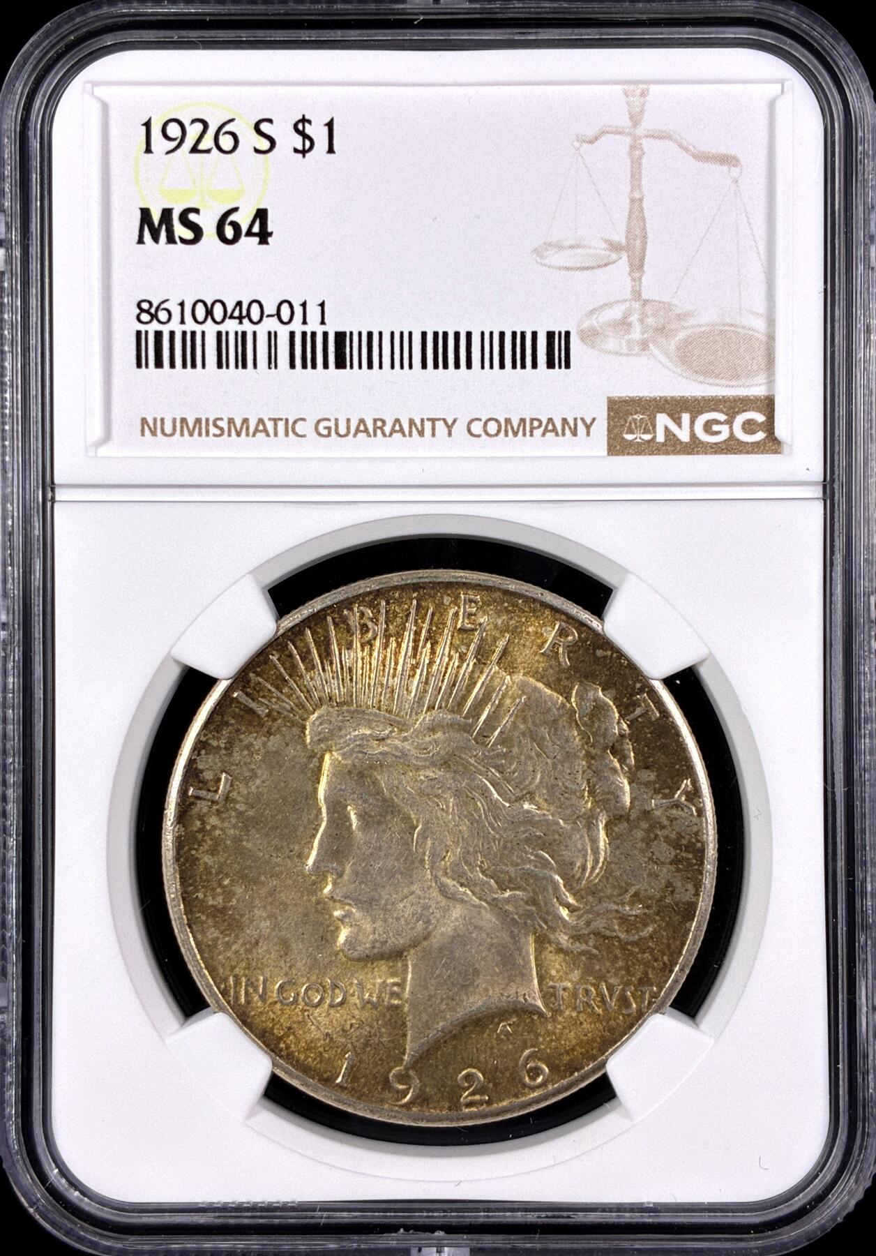 【雨安】【直播拍卖】【第0131期-评级币章】2026-04-04 周六 19:30 (金价1060, 银价18.08)  [评级美洲] USA 美国 1美元 (1921-1935) 和平鸽 1926年S  NGC-MS64 黄油光 少年份