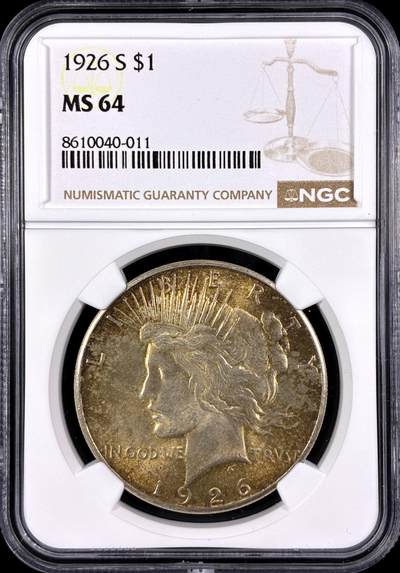 【雨安】【直播拍卖】【第0131期-评级币章】2026-04-04 周六 19:30 (金价1060, 银价18.08)  - [评级美洲] USA 美国 1美元 (1921-1935) 和平鸽 1926年S  NGC-MS64 黄油光 少年份