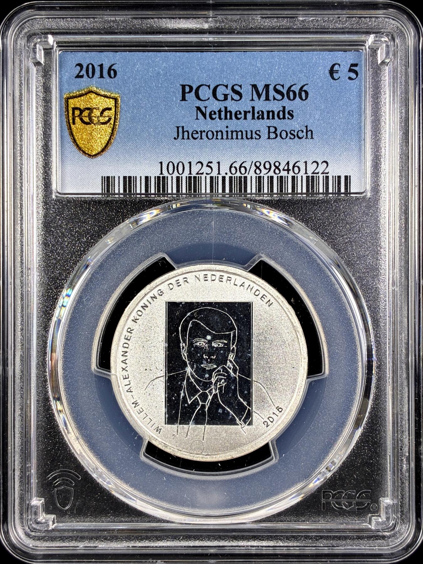【雨安】【直播拍卖】【第0131期-评级币章】2026-04-04 周六 19:30 (金价1060, 银价18.08)  [评级欧元] Netherlands 欧元 荷兰 5欧元 2016年 画家耶罗尼米斯·博斯  PCGS-MS66