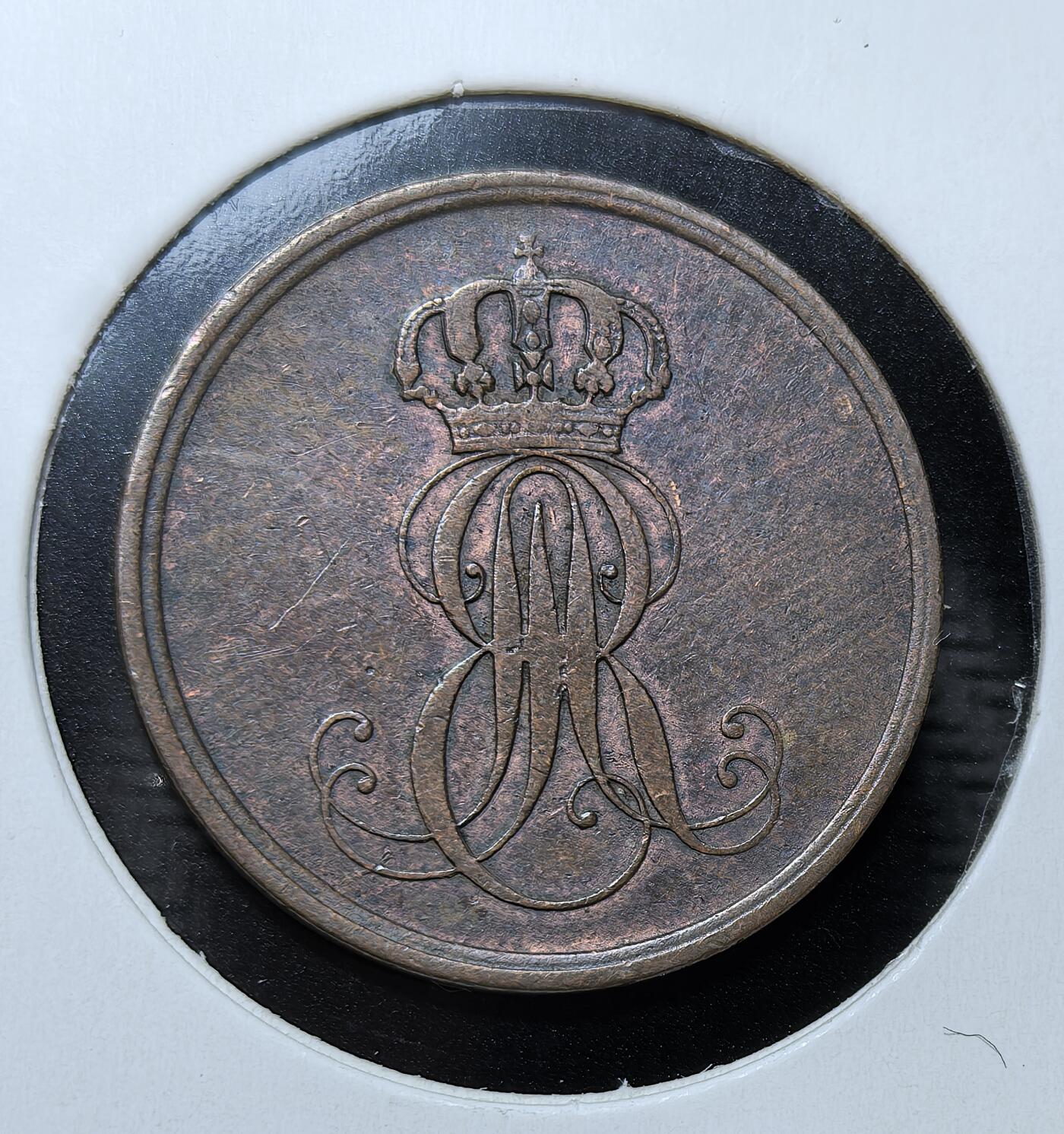 外国优质银币克朗币纪念章，每周六晚九点倒数截拍，满百包邮可寄存，持续收拍 汉诺威王国1850 年恩斯特・奥古斯特一世2芬尼，正面饰有国王花押字与皇冠。它是德意志统一前邦国体系的小额流通辅币，见证了 19 世纪中期德意志地区的货币文化与历史变迁。