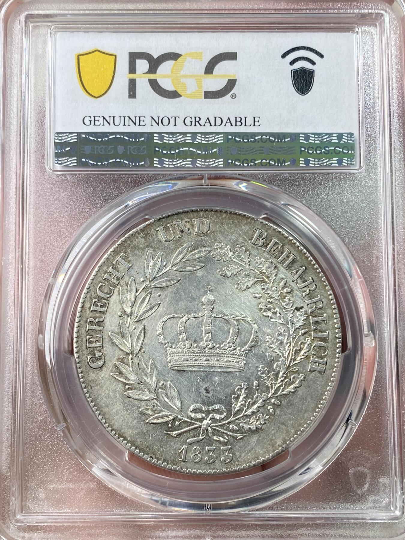 万国钱币拍卖第064期 PCGS AUD 1833年德国巴伐利亚路德维希一世皇冠流通大泰勒 经典路一年轻头像早期流通版本 