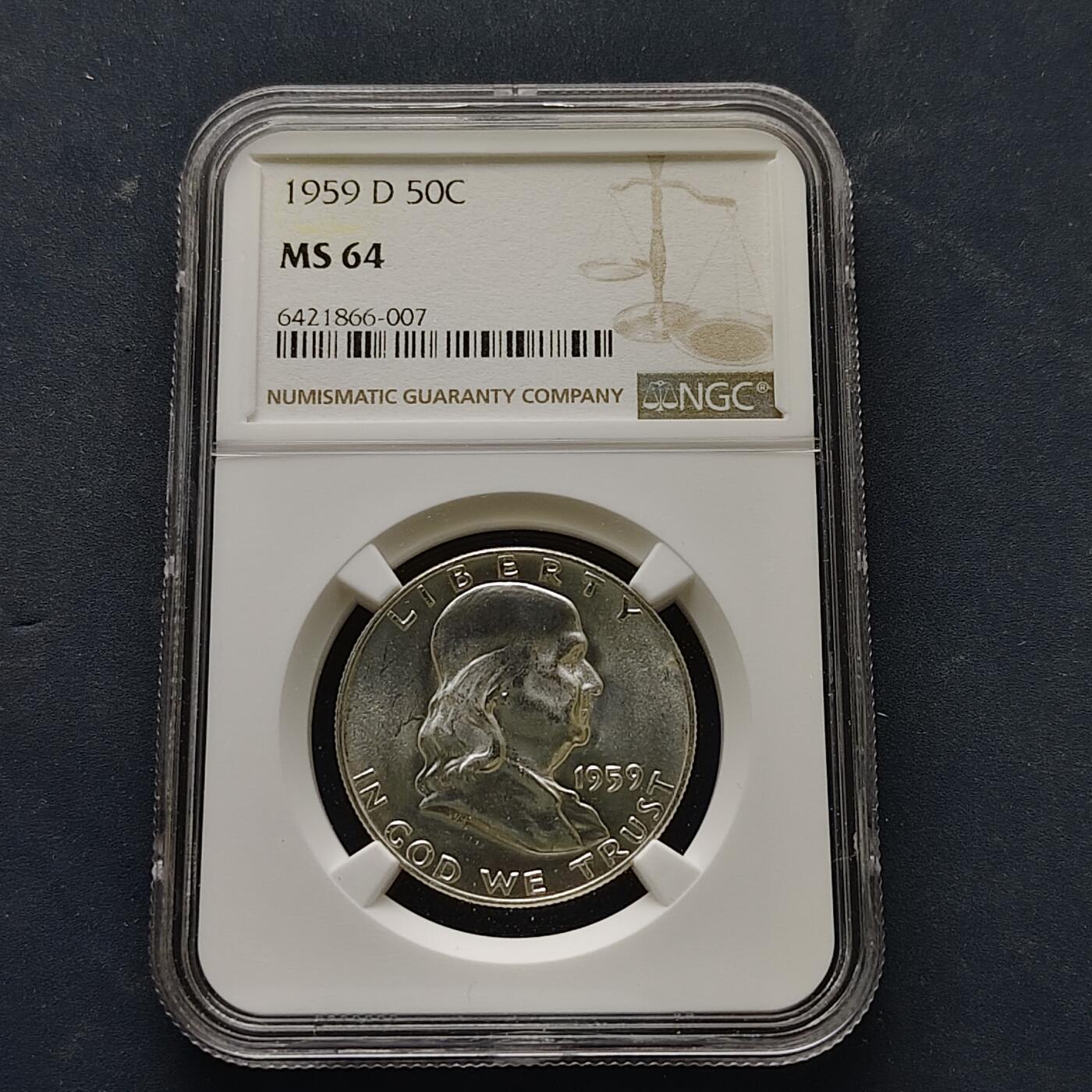 【全场包邮】纯粹捡漏拍519场 美国1959年富兰克林D厂半元银币【31毫米12.5克90%】-NGC MS64