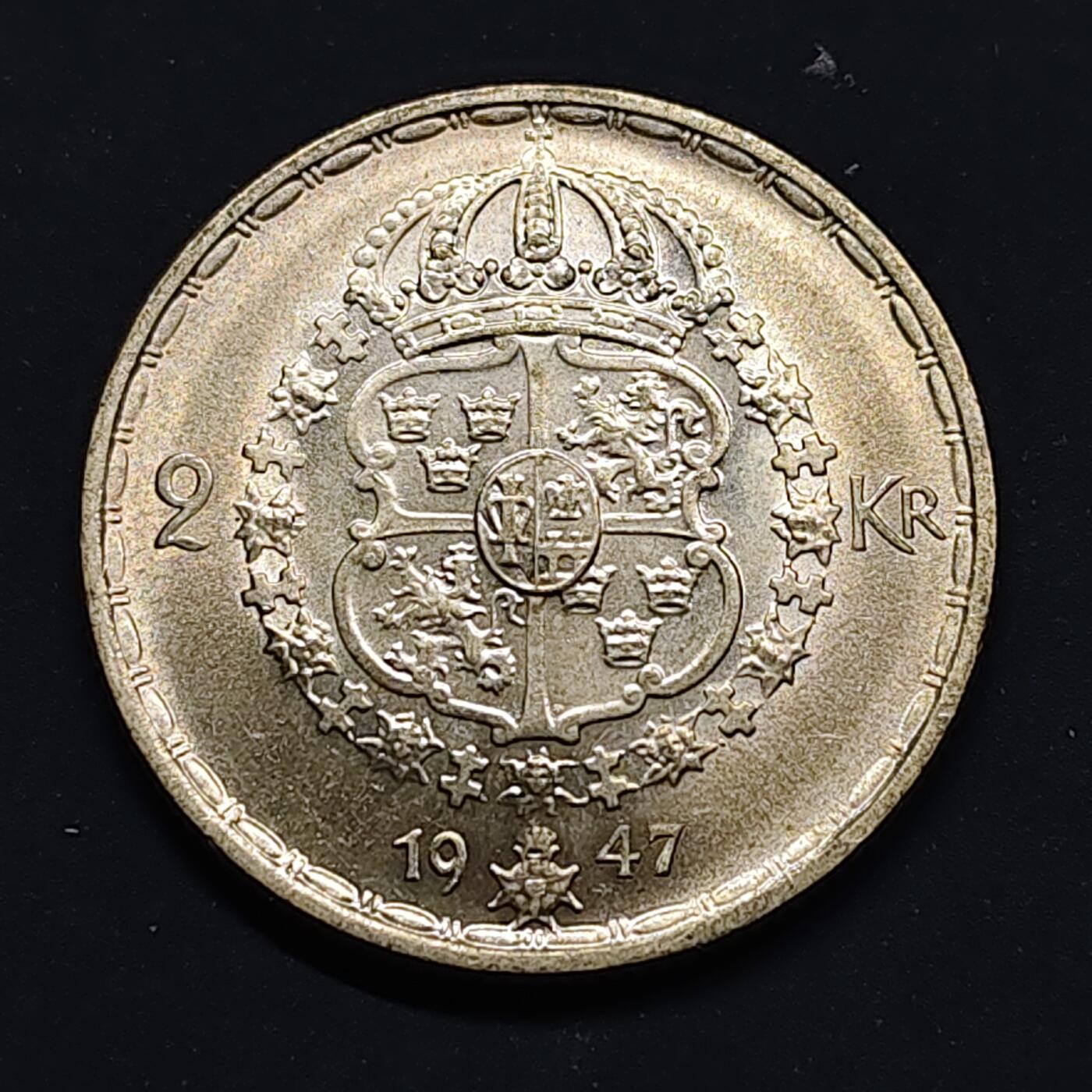 【全场包邮】纯粹捡漏拍518场 瑞典1947年古斯塔夫五世2克朗银币【31毫米14克40%】